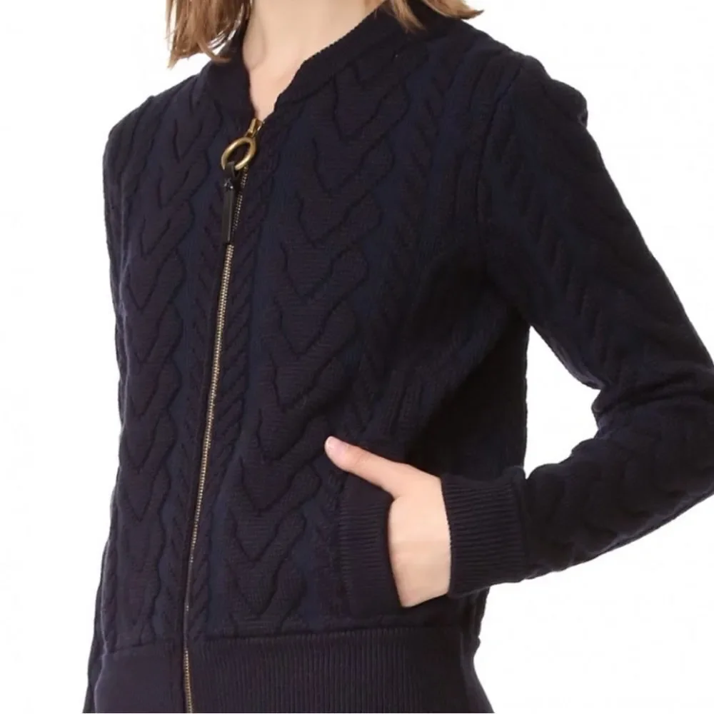 TORY BURCH Contraire Merino Wool Cable Knit Faux Fur Sweater Bomber Jacket XL
